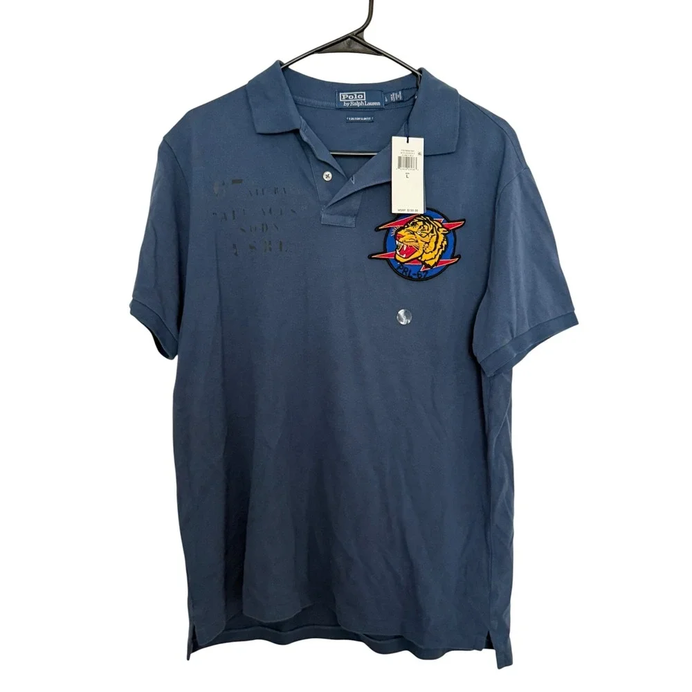 Polo Ralph Lauren Tiger Patch RL-67 Polo Shirt Clancy Blue Custom Slim Fit L NEW